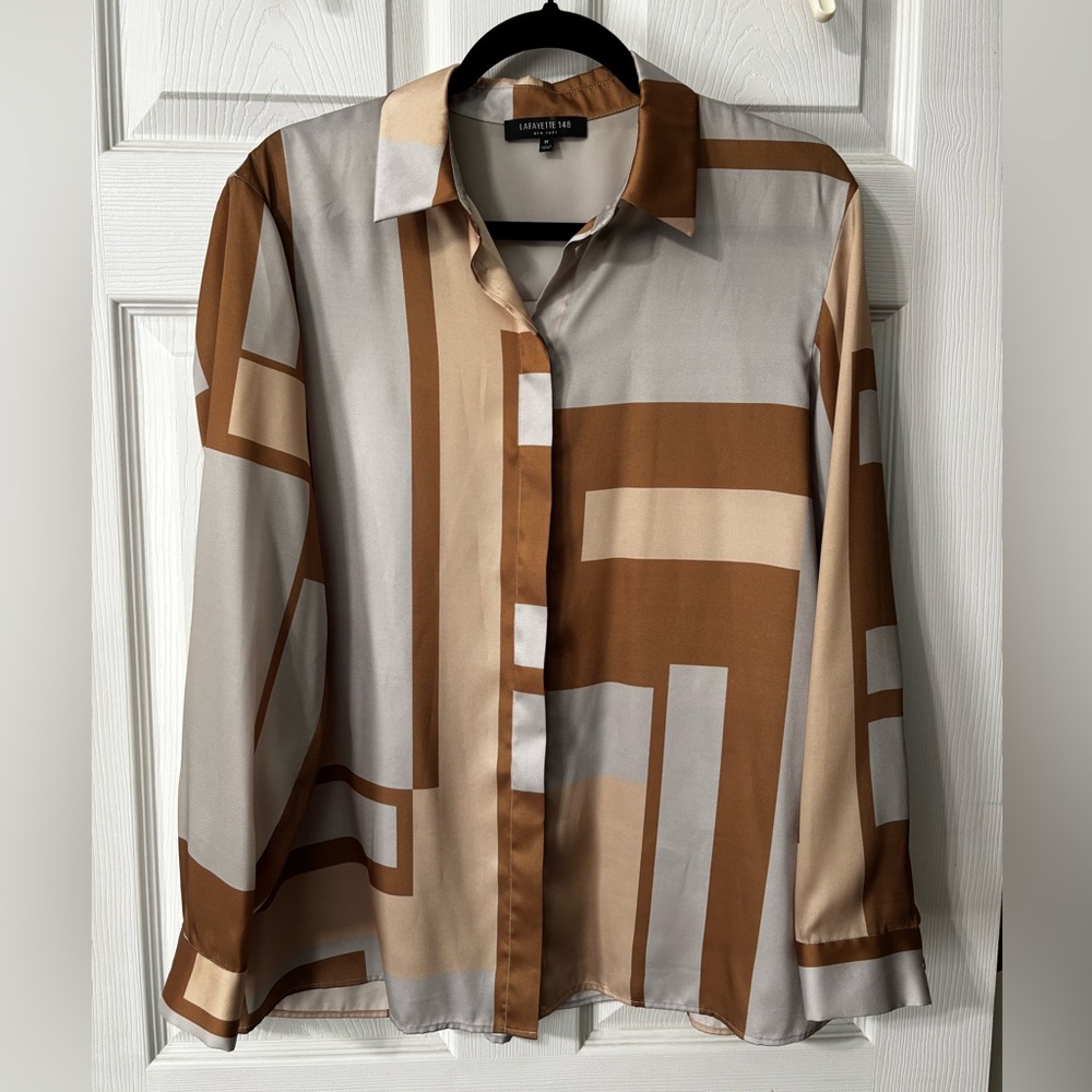 Lafayette 148 NY Long Sleeve Button Down Blouse Size Med Brown/Beige/Gray EUC